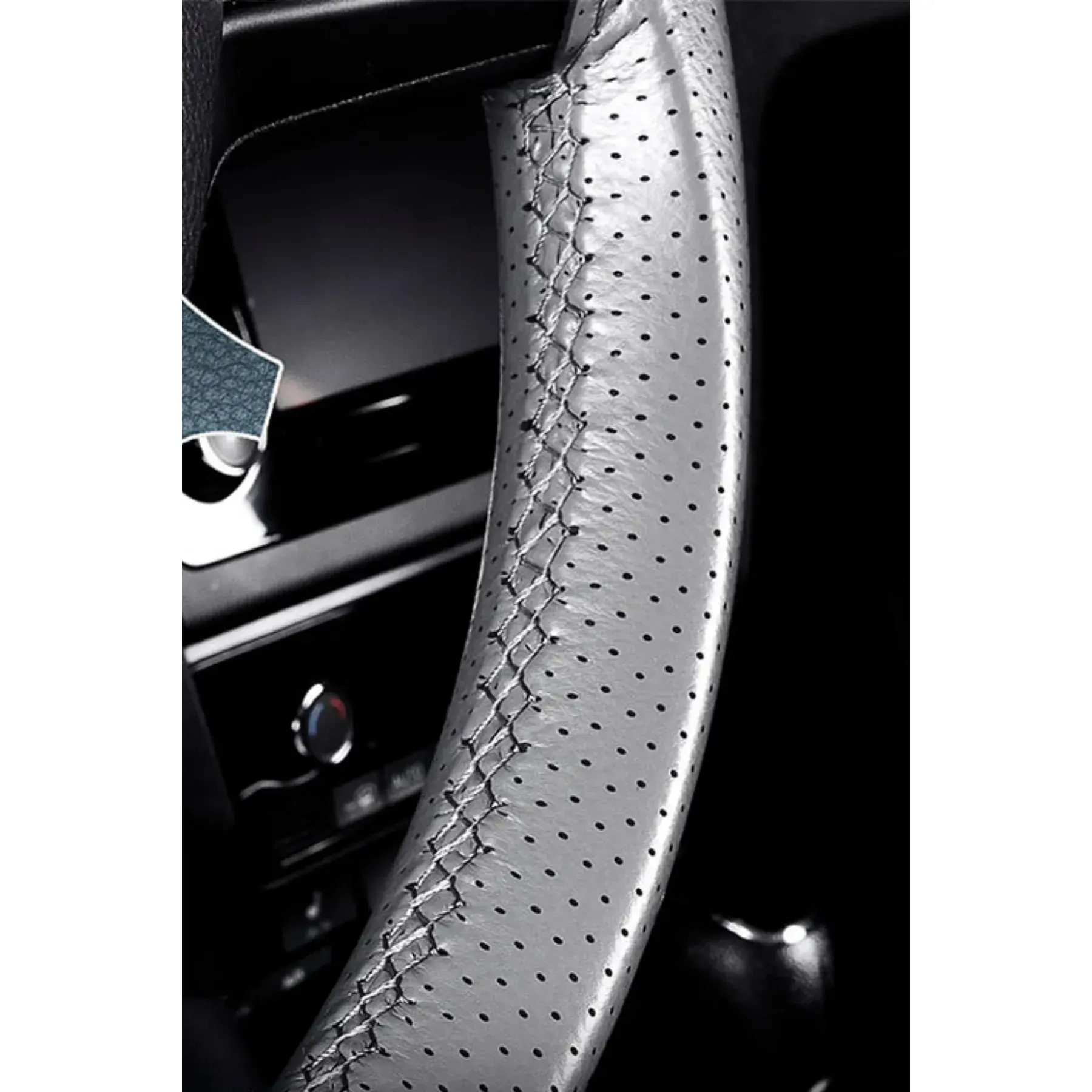 Grey Stitched Perforated Sewing Steering Wheel Cover - Premium Leather Cover for Enhanced Comfort an